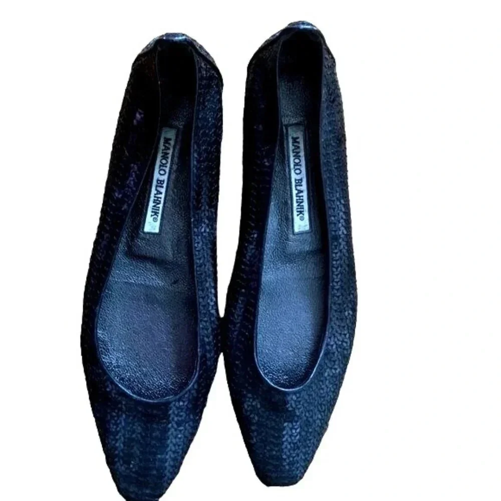 Manolo Blahnik Y2K Rare Vintage Black Sequin Ballet Flats Skimmers Shoes 39 8.5
